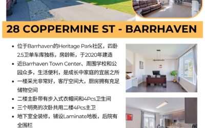 【于军地产 好房出租】位于Barrhaven的宜居之所！ 🏡28 Coppermine St 🌳这是一个单车库四卧2.5卫独栋，于2020年建成。有着非常方便的地理位置，距离Barrhaven购物中心只有1.5km，靠近公园和学校！  房屋亮点  🏘一楼铺设硬木地板 🛋 客餐厅采光非常好、厨房有充足的储物空间，餐厅也可用作书房或办公室 🛏二楼铺设地毯，有四个卧室 主卧拥有步入式衣帽间和4Pcs卫生间，三个次卧共用4Pcs主卫 🖼地下室全装修，铺设了Laminate地板 🌳后院有全围栏  📞 Asking $2800/Mon 快来预约看房吧！