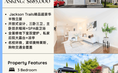 【于军地产 尊邸上市】269 Mojave Crescent 精品半独立屋耀世登场  三卧三卫单车库 | Jackson Trails社区地标 这座精品半独立屋堪称现代家居典范，开放式布局搭配全景落地窗，阳光全天候倾泻而入。主卧套房配备双步入式衣帽间及SPA级五件套卫浴，尽显尊贵生活品质。全装修地下室匠心独运，双燃气壁炉与娱乐区相得益彰，私家后院更设有宽敞露台及景观凉亭，完美满足高端娱乐需求。 物业坐落于Jackson Trails黄金地段，步行范围内优质名校林立，5分钟直达Tanger奥特莱斯购物中心，交通枢纽近在咫尺。此等兼具奢华配置与绝佳学区的稀缺房源，实为精英家庭的梦幻之选。 Asking: $685,000，欢迎预约看房