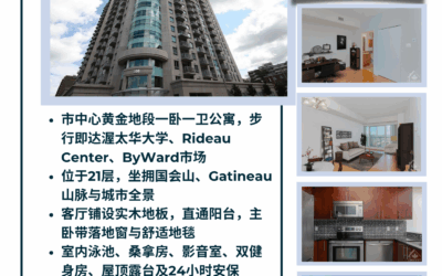 【于军地产 好房出租】200 RIDEAU St 2103 市中心黄金地段一卧一卫公寓，步行即达渥太华大学、Rideau Center、ByWard市场  位于21层，坐拥国会山、Gatineau山脉与城市全景  开放式设计，9尺层高，配有独立办公区 🍽️ 现代厨房配备深色橱柜、不锈钢电器、宽大早餐吧台 🛋️ 客厅铺设实木地板，直通阳台，采光极佳 🛏️ 主卧带落地窗与舒适地毯，安静宜人 🛁 卫浴间配花岗岩台面与玻璃浴缸隔断  Claridge Plaza 高端公寓设施齐全：室内泳池、桑拿房、图书室、影音室、双健身房、屋顶露台及24小时安保 Asking：$2,000，欢迎预约看房