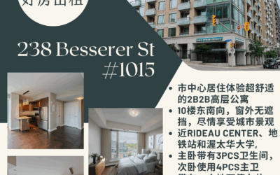 【于军地产 公寓出租】位于Downtown近渥大的两卧公寓出租！ 🏡1015-238 Besserer St 🌳Richcraft开发商于2012年建造的，位于十楼窗外无遮挡。紧邻Rideau Center，娱乐购物一站式。近Rideau地铁站，生活便利无比！步行到渥大只要10分钟！  房屋亮点🌟  🥘 全屋通铺了硬木地板，厨房带有全套不锈钢电器 🛋️ 开放式客餐厅拥有采光非常好的落地窗，可通向阳台！ 🛏️ 两个卧室互不打扰，主卧带有3Pcs卫生间，次卧使用4Pcs主卫 🚗 带有一个地下停车位  📞 💲2700/Month 快来预约看房吧！