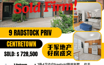 【于军地产 成交捷报】恭喜买家！[Party]这栋挂Centretown稀缺产权边户镇屋 9 Radstock Priv，经过团队的持续跟进和谈判，最终以$728,500的价格Sold Firm！这处位于隐秘庭院的都市桃源，以卓越品质和绝佳区位赢得市场青睐。[ThumbsUp]主层配备带3件套卫浴的书房，直通阳光围栏庭院；二层开放式餐厨空间搭配西向观景窗，客厅铺设橡木地板并设有燃气壁炉及私属阳台；顶层双卧室均配置独立全卫。地处国会山核心区，步行可达各类购物休闲设施。我们凭借对中心城区市场的深刻洞察，为买家精准锁定这份兼具投资价值与生活品质的稀缺资产！[Peace]我们期待秋日最终交房！