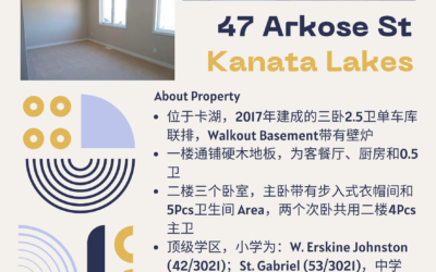 【于军地产 好房出租】位于卡湖的3卧2.5卫单车库联排出租！ 🏡47 Arkose St 🌳小学可上W. Erskine Johnston (42/3021)和St. Gabriel (53/3021)，中学可上渥太华排名第二的Earl of March (8/689)以及All Saints (26/689) [太阳]近主路Terry Fox Dr，交通便利无比！  房屋亮点🌟  🛋️一楼为客餐厅、厨房和0.5卫，一楼通铺了硬木地板 🛏️ 二楼为三个卧室，主卧带有步入式衣帽间和5Pcs卫生间，两次卧共用二楼4Pcs主卫，walkout地下室全装修且带有壁炉  💰租金$2800每月，5月1日起可以入住