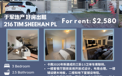 【于军地产 好房出租】Kanata South 2020年次新精装联排 📍 216 Tim Sheehan Pl, Kanata